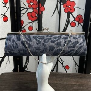 Black and Silver Leopard Print Evening Clutch with Silver Chain
